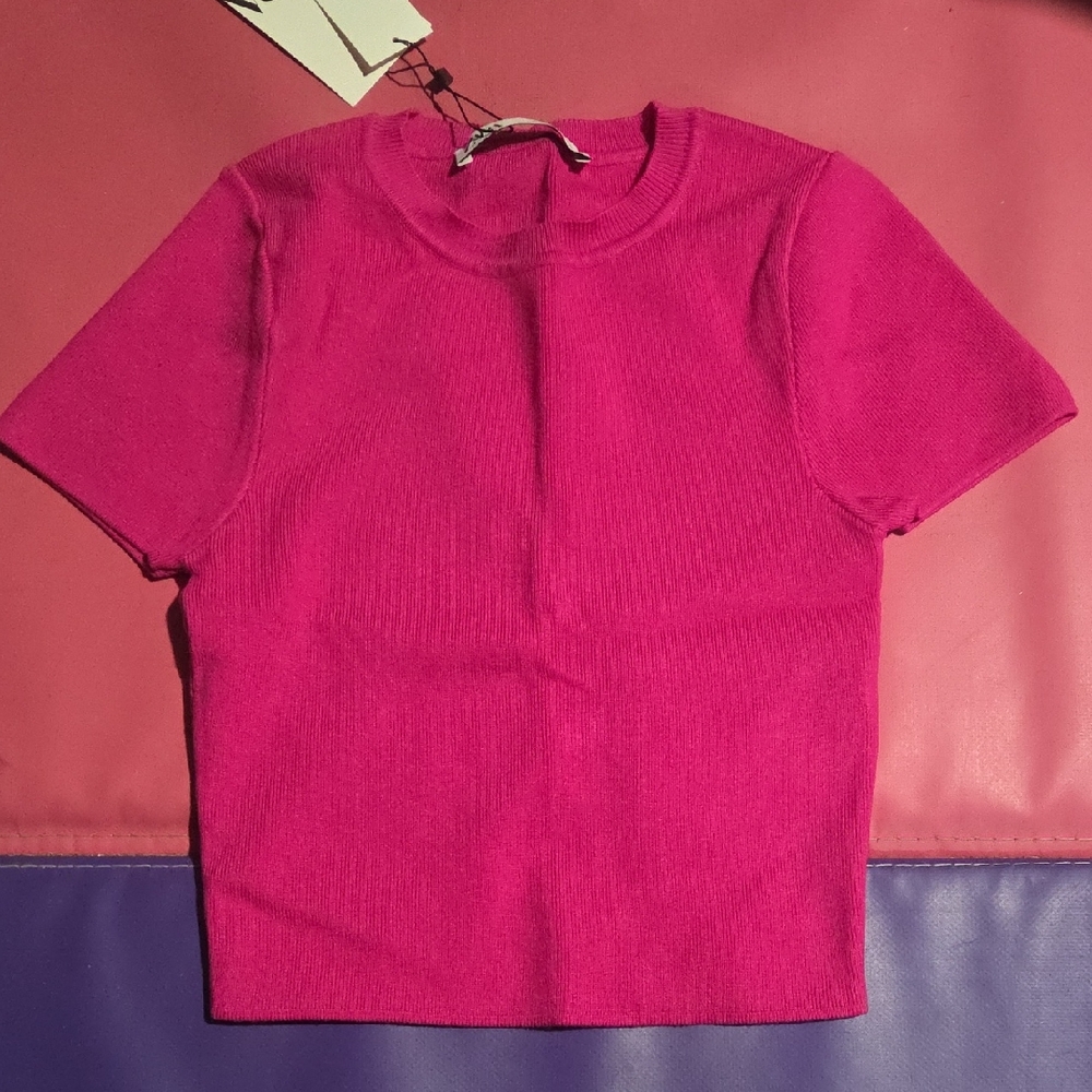Women's Short Sleeve Ribbed Knit Top - Hot Pink ZARA